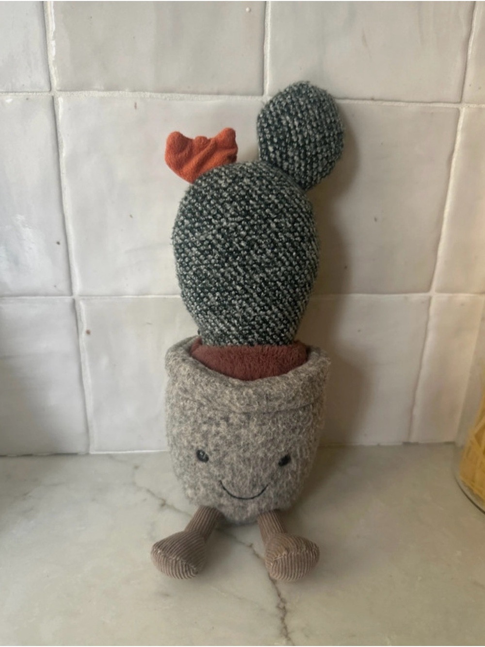 Jellycat Knit Cactus Plush in Green with Rust Blossom and Gray Pot